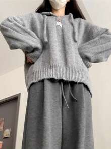 Womens Hooded Sweater Autumn Winter 2025 New Comfortable Loose Fit Lazy Style Soft Knit Pullover Ribbed Top Beige And Grey Casual Knitted Shirt Fashion Sweater Outwear For Women, Long Sleeve Tops