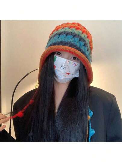 1 peça chapéu de malha colorido feito à mão, gorro grosso e quente com borla, feminino outono inverno