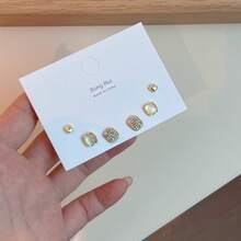 Elegant Metallic Pearl Mother-Of-Pearl Earrings Three-Piece Set Simple Niche Gentle Geometric Versatile Light Luxury Earrings For Women - sr-1039方形貓眼石滿鑽套裝 - 查看 12