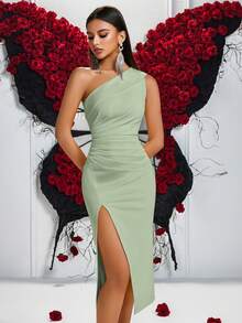 Elisanya 1件女款純色百褶單肩前開衩舞會長裙，優雅雞尾酒會半正式禮服，舞會婚禮賓客禮服，畢業禮服 - 綠色 - 查看 8
