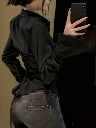 Elegant Women's Solid Color Shirt With Unique Back Tie And Front Button Details - Long Sleeve, Suitable For All Seasons