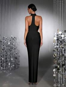 全新时尚白色碎花 3D 性感立领无袖镂空露背高开衩绷带连衣裙，优雅女士正式晚礼服，适合婚礼、派对、节日 - 黑色 - 查看 5