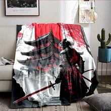 Japanese Samurai Spirit Soft Flannel Throw Blanket - Versatile All-Season Comfort, Reversible Cartoon Print, Easy-Care Polyester, Perfect For Bed, Sofa, Camping & Travel - 31"X47", 50"X59", 59"X78" Sizes Available