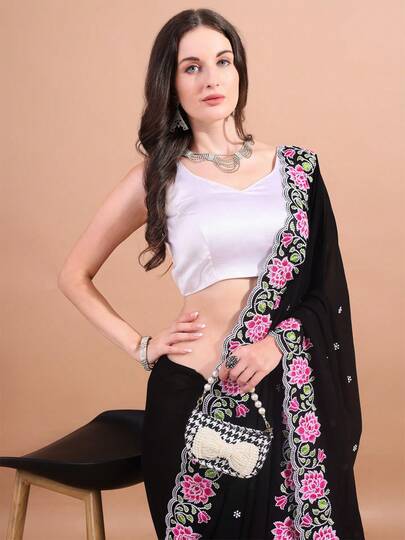 Estationeryhouse Women's Georgette Embroidery Border Work Designer Saree With Large Flower Border With Blouse Piece, Lightweight Breathable Georgette Fabric, Elegant Design, Versatile Styling (Black)