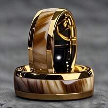 1pc Fashion 8mm Men Gold Color Stainless Steel Rings Inlay Brown Wood Rings For Men Women Wedding Engagement Band Jewelry Gift