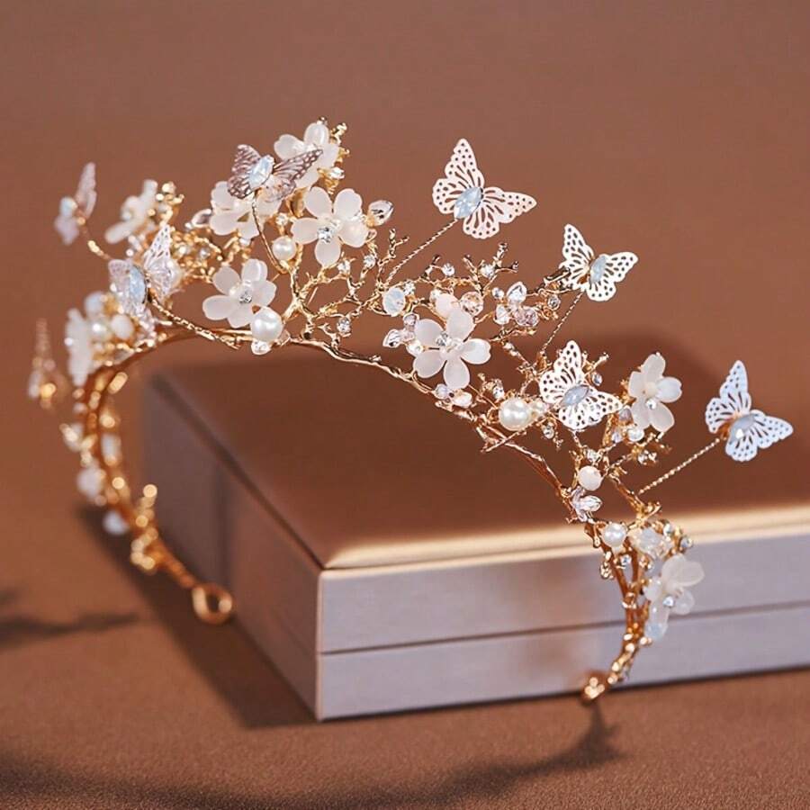 1 Peça Coroa de Princesa com Borboleta e Floral na Moda, Acessório de Cabelo Elegante para Noiva, Não Lavável, Adequado para Casamentos, Aniversários e Apresentações em Palco - Adequado para Pessoas com 15 Anos ou Mais.