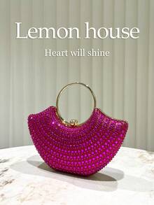 1pc Fuchsia Shiny Rhinestone Decorated Round Handle Handbag, Elegant Clutch Purse Suitable For Evening Party, Wedding, Banquet, Cocktail Party - 玫紅色 - 查看 4