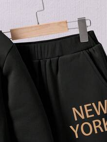 男童卡通印花保暖连帽衫和运动裤套装 - 黑色 - 查看 6