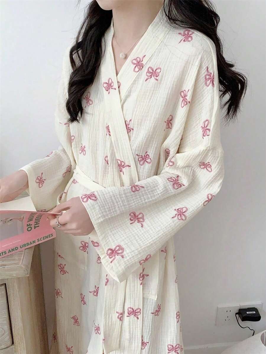 1pc Women's Spring & Autumn Korean Style Simple Comfortable Sleepwear Robe, Pink Bow Casual Loose Homewear Pajamas, Quick Absorbing Bath Robe, Suitable For Spa, Couple Matching Bathrobes
