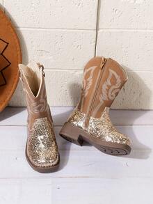 NILOSH 1 Pair Children's PU Square Toe Mid-Calf Cowboy Boots - Gold - View 3