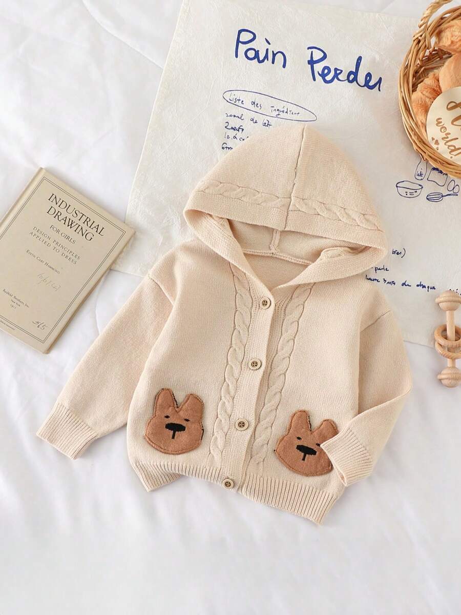 1 szt. Sweter dziecięcy, koreański modny kardigan z kapturem dla chłopców, dekoracja z motywem niedźwiedzia z kreskówki, skręcona lina, splot kablowy, szary