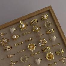 51/34/15/3pcs Vintage, Boho, Minimalist Elegant Retro Design Layered Rings Set, Flower, Bow, Pearl, Twisted, Heart, Rhinestone, Leaf, Moon, Star, Eye, Geometric, Cross, Chunky Rings, Suitable For Holiday, Party, Date, Gift, Daily Wear (Random Delivery)