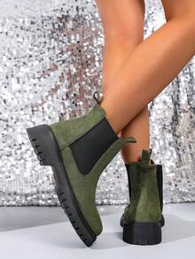 Fall/Winter 1 Pair Solid Color Preppy Style Casual Party Wedding Fine Velvet Women Ankle Boots, Suitable For Outdoor, Office, Party, Holiday, Wedding, Winter - Green - View 2
