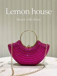 1pc Fuchsia Shiny Rhinestone Decorated Round Handle Handbag, Elegant Clutch Purse Suitable For Evening Party, Wedding, Banquet, Cocktail Party - 玫紅色 - 查看 2