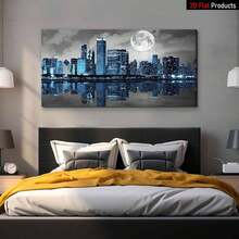 1 Piece Large Frame Canvas Painting Art Print,Biuteawal Black White Blue City Wall Art Chicago Pictures Decoration Moon Night Cityscape Skyline Canvas Painting Prints Framed Modern Home Living Room Bedroom Decor,High Quality Wall Art Printed Poster Can Be Hung Directly,Pine Frame,Night Decor,Office Art|Exquisite Home Art|Wooden Framed Art,Room Decor - Nhiều màu - Xem 6