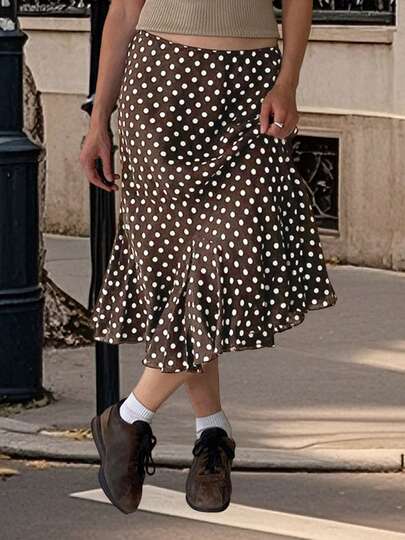Women Summer Dot Print Skirts Casual Elegant Mid Rise Ruffled Hem Midi Skirt For Beach Vacation Streetwear