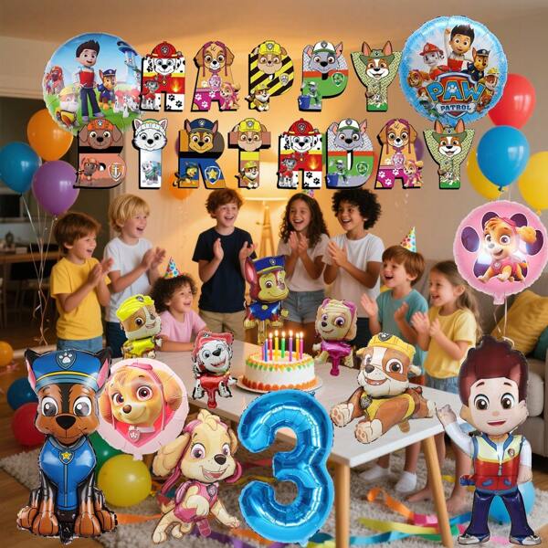 Paw Patrol Globos de látex con números de Paw Patrol, decoraciones de fiesta de cumpleaños, conjunto de globos de cumpleaños feliz. Vienen con banderines tipo bandera y son perfectos para regalos de cumpleaños de adultos, decoraciones de fiesta y decoraciones de pared.