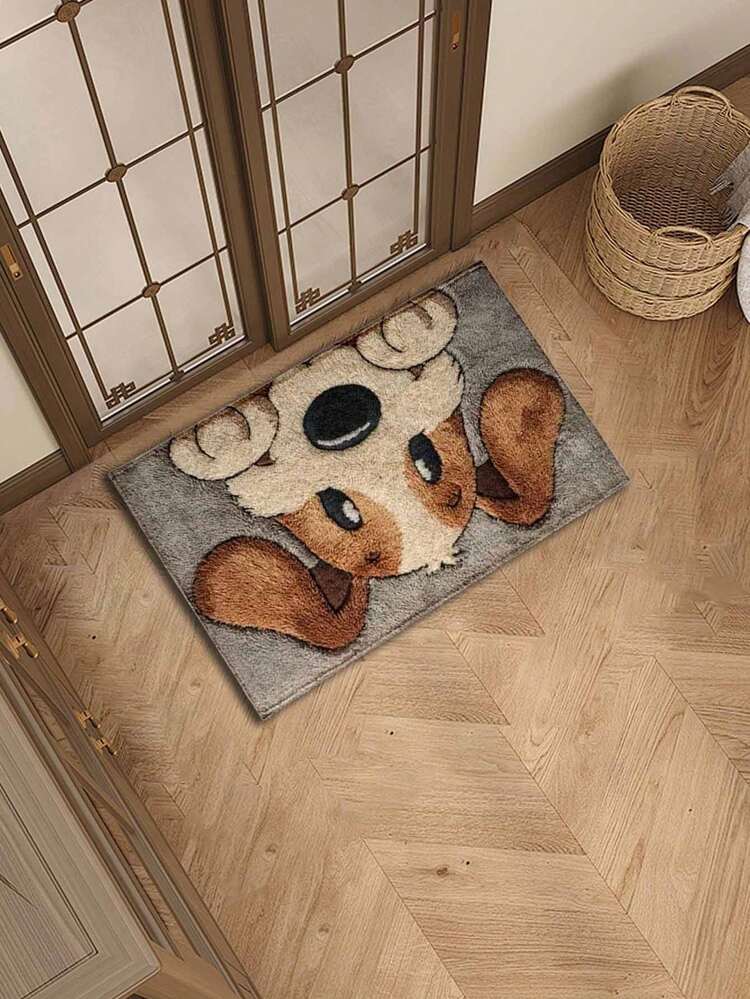 1pc, Faux Wool-Like Material 2D Dog Print Doormat & Rug, Machine Washable Easy Care, Suitable For Entryway, Study, Kitchen, Bathroom, Adds Cute Vibe To Your Space - Grey - View 2