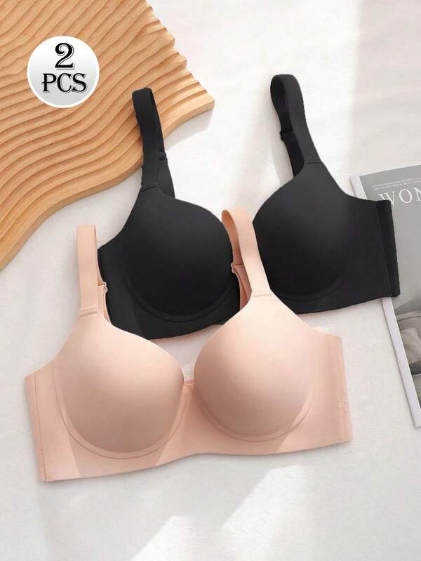 2 Pcs Seamless Wireless Bras For Women, Black & Beige, Padded, Wide Strap, Lift And Supportive