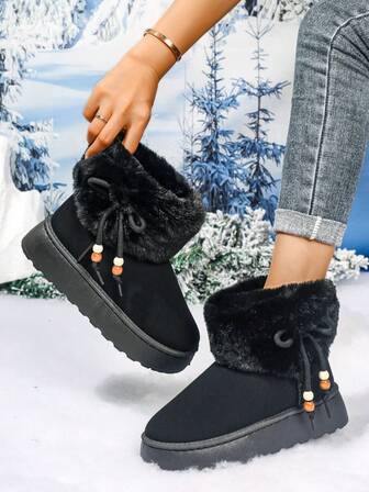 Girls Thick Bottom Thermal Lined Snow Boots, Warm Outdoor Anti-Slip Flat Boots With Knitted Cuff, Lace-Up Bowknot Decor, Suitable For Winter, Teens, Students