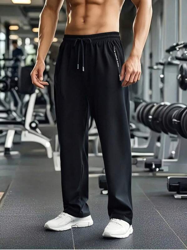 Men's Drawstring Waist Solid Color Long Sports Pants, Basic Style