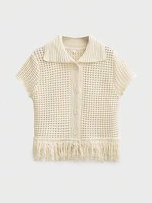Áo khoác cardigan dệt kim tay ngắn có tua rua thời trang dành cho nữ, thích hợp cho mùa hè và mùa xuân. - Màu be - Xem 3