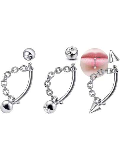 AVYRING 3Pcs 16G Lip Rings Snake Bite Jewelry Eyebrow Rings Tragus Helix Rook Piercing Jewelry With Chain, Stainless Steel Cartilage Earrings, Belly Button Ring Vertical Labret Lip Piercing