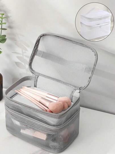 1pc Double-Layer Travel Makeup Bag, Large Capacity Toiletry Bag, PVC Organizer Bag, Portable Cosmetic Bag, Skincare Storage Pouch, Beach Handbag, Travel Essentials, Big Capacity For Lipstick, Perfume, Skincare, Makeup