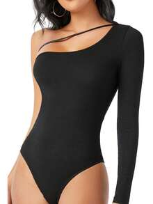 body pantiblusa para mujer una manga bies cruzado  Liso    Casual  Elegante    Algodón    Asimétrico  Abertura    body pantiblusa  Vacaciones  Diario  Fiesta de Cumpleaños  regreso a casa  Despedida de soltera  viaje  Escenario y concierto    primavera, verano, otoño, invierno - Negro - Ver 2