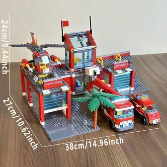 Fire Rescue Playset With Fire Station, Engine, Helicopter, And Crane - Firefighter Building Blocks Kit For Ages 6+ - Ideal Holiday Gift For Young Builders