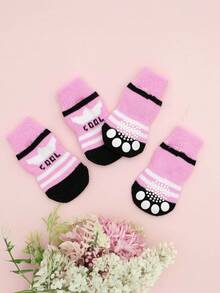4pcs/Set Cute Pet Dog Socks, Anti-Slip Cat Dog Paw Protector Shoes, Suitable For Small Dogs Like Poodle, Yorkshire Terrier, Chihuahua For Indoor Use To Prevent Falling - Pink - View 9
