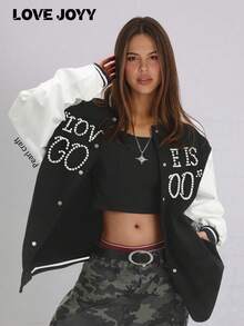 女士闪亮水钻街头车元素图案宽松休闲连帽卫衣套装适合日常穿着舒适 - 黑色 - 查看 1