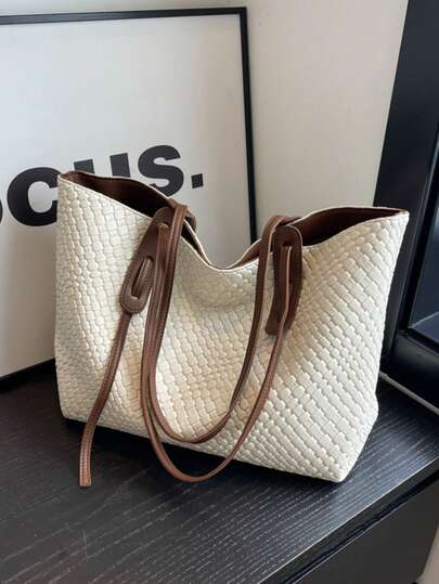 Dedoo Women's Multifunctional Solid Color Woven Pattern PU Leather Handbag, Minimalist Large Capacity Top Handle Shoulder Bag, Casual Lightweight Commuter Tote Bag, Suitable For Daily Office, Fashionable Waterproof Square Outdoor Travel Shopping Crossbody Bag