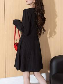 Alicedudu Women's Elegant Bow Button Design Knitted Sweater Dress, Autumn/Winter - Black - View 2