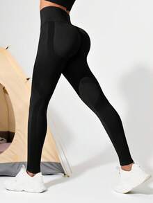 Seamless Wide Waistband Sports Leggings - Black - View 1
