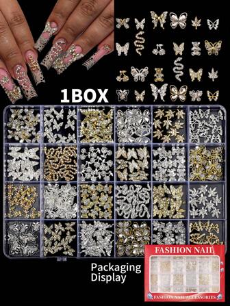 240 piezas de dijes de uñas de aleación 3D, joyas para uñas para mujeres - diseños de mariposa, hoja, cereza, oso, serpiente, decoraciones de strass metálicas doradas y plateadas, suministros de uñas Y2K para manualidades de uñas