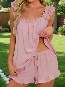 Women's Summer Lounge Set Ruffle Shoulder Strap Tank Tops Drawstring Shorts Sleepwear Sets - Dusty Pink - View 6