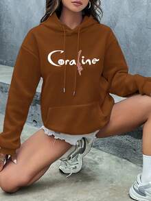 Áo sweatshirt dài tay dáng rộng in hình hoạt hình, vai rớt, có túi, dành cho người có thân hình mũm mĩm. - Cà phê nâu - Xem 2