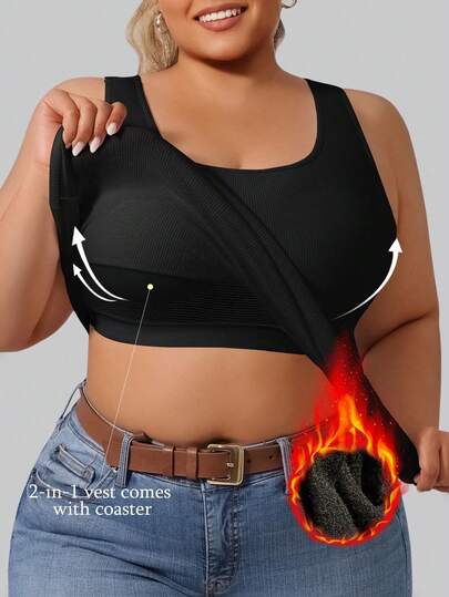 Plus Size 1pc Autumn/Plus Size Ribbed Brushed Camisole With Built-In Cup Holder, Yoga Top, No Bra Required