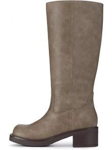 Women's Knee High Square Toe Chunky Block Riding Boots, Low Heel, 2025 Fashion - 灰褐色 - 查看 4