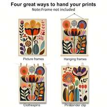 三件套波西米亚民间艺术花卉印花画 - 北欧风格无框帆布墙画，适用于客厅、卧室、书房、浴室，竖幅，简约装饰 - 彩色 - 查看 4