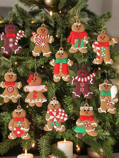12 piezas - Adornos de hombrecillo de jengibre navideño, adornos de hombrecillo de jengibre de madera para el árbol de Navidad, figuras surtidas de hombrecillo de jengibre, decoraciones colgantes para el árbol de Navidad, 3 pulgadas de alto, adornos navideños de hombrecillo de jengibre para el árbol de Navidad, figuras de hombrecillo de jengibre, decoraciones colgantes para el árbol de Navidad