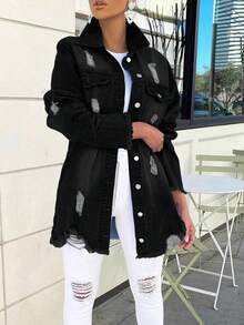 Women's Black Distressed Denim Jacket With Buttons - Casual, Chic And Versatile-Fall Clothes For Women - Black - View 9
