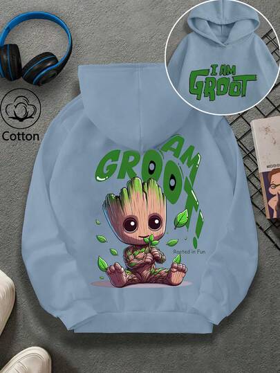  Youth Fall Hoodies Marvel "I'am Groot" Slogan Print Long Sleeve Hooded Sweatshirt, Loose Fit, Dropped Shoulders, Black Thin, Suitable For Early Fall
