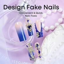 Long Square Press On Nails French Tip Fake Nails Blue False Nails With Gold Charms Designs Sparkly Artificial Nails Long Square Glue On Nails Cute Stick On Nails For Women 24Pcs - 長款-C5C38 - 查看 2