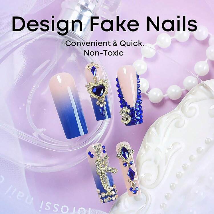 Long Square Press On Nails French Tip Fake Nails Blue False Nails With Gold Charms Designs Sparkly Artificial Nails Long Square Glue On Nails Cute Stick On Nails For Women 24Pcs - Long Style-c5C38 - View 2
