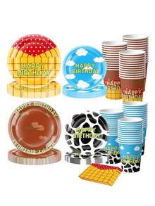 10pcs Cartoon Birthday Party Supplies Cow Print Birthday Party Decorations Cartoon Plates Cup And Napkin Sets Blue Clouds Cow Print Party Supplies Suitable For Birthday Party Decorations, Ttheme Parties, Camping, Family Parties, Etc.