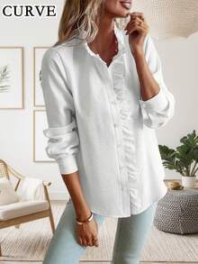 Plus Women's Striped Ruffled Long Sleeved Casual Shirt