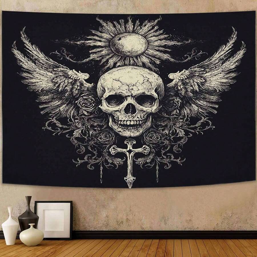 Gothic Skull Tapestry With Wings & Sun Motif - Peach Light Beige Fabric Wall Hanging For Dorm, Bedroom, Living Room - Lightweight Durable Decor, No Electricity Needed, Perfect Gift For Skeleton Lovers, Study Room Accent| Mystical Decor Piece| Easy Hang Design, Gothic Home Decor - Màu sắc hình ảnh - Xem 1