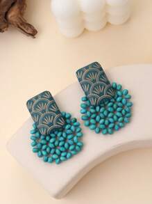 1 Pair Handmade Minimalist Wooden Beaded Disc & Carved Classic Fan-Shaped Olive Green Earrings, Suitable For Vacation, Party And Daily Wear - Olive Green - View 2